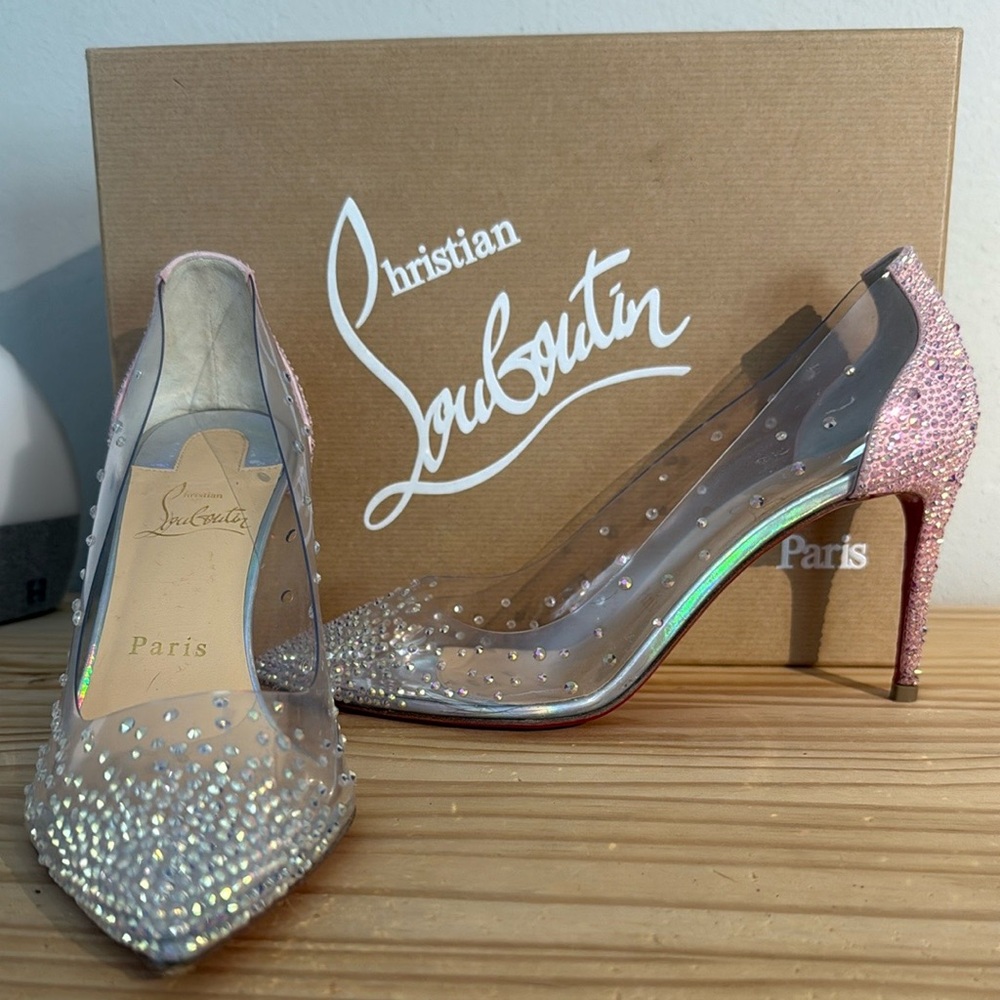 Christian Louboutin Degrastrassita PVC 85 Soupir Pink Crystal PVC Heel Pump 37.5